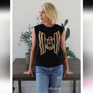 Turquoise Haven NWT Black and Gold Sequins Western Thunderbird Sweater Vest Top